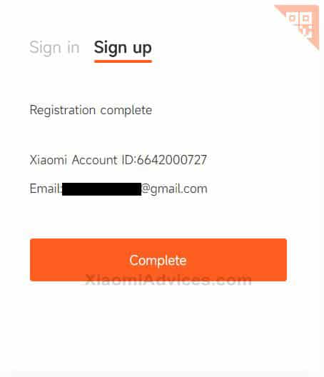 Mi Account Registration Complete