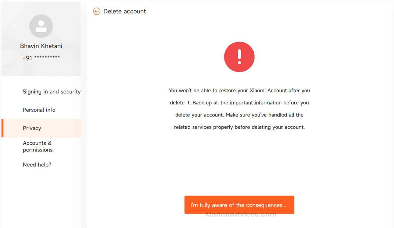 Xiaomi Mi Account Deletion Confirmation