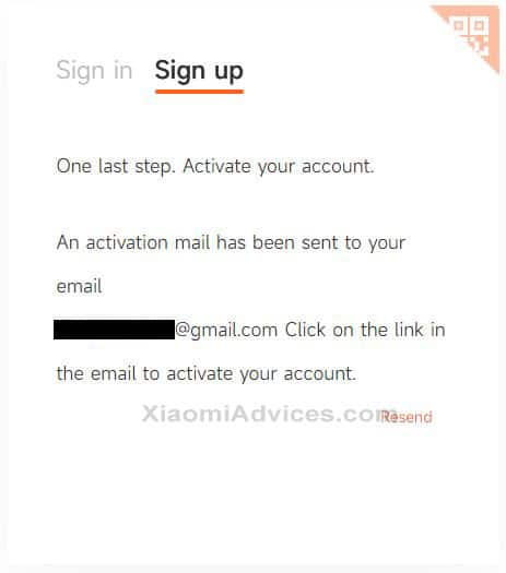 Xiaomi Mi Account activation email