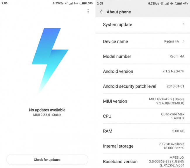 Xiaomi Redmi 4A MIUI 9.2 Android 7.1.2 Nougat