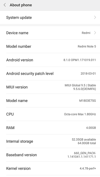 Redmi Note 5 Android 8.1 Oreo MIUI 9.5.6.0