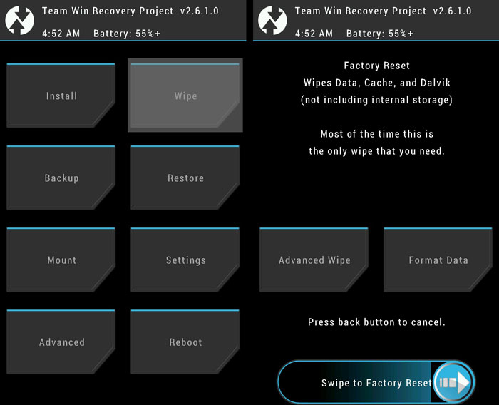 TWRP Wipe factory reset