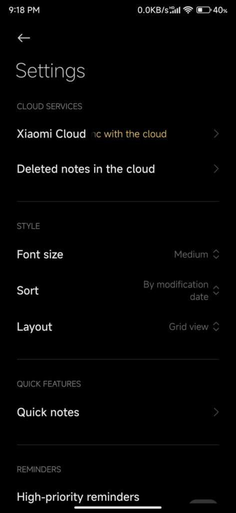 Xiaomi Notes MIUI Settings