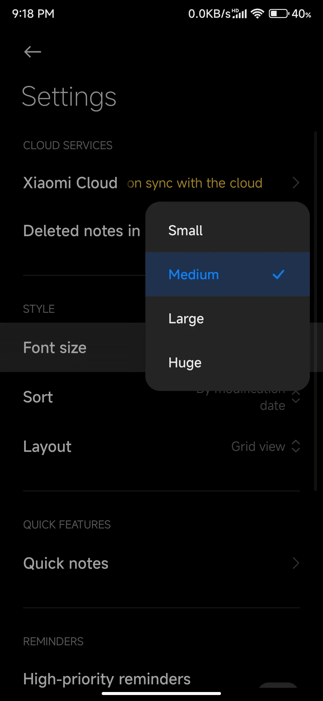 Mi Notes App Font Size Settings