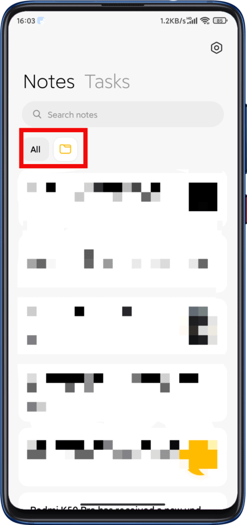 MIUI Notes App Homescreen All & Folders filter