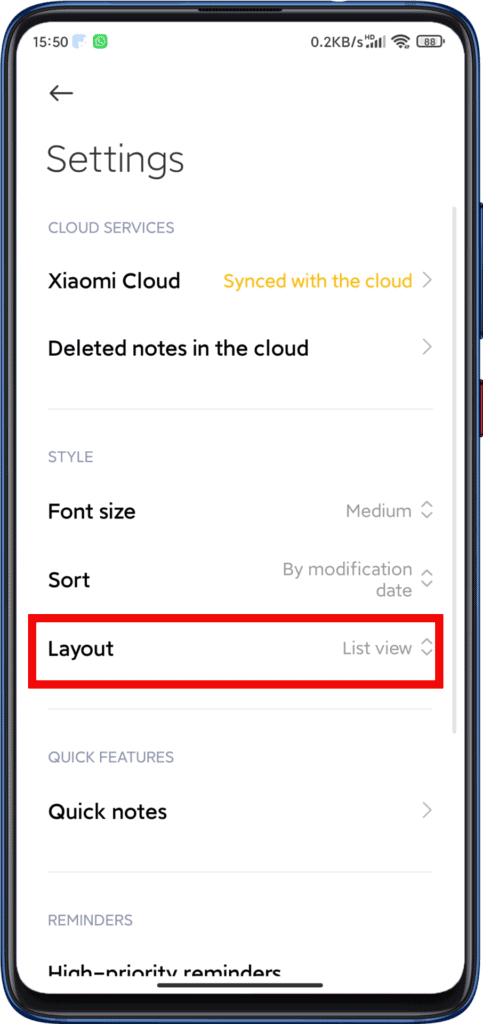 MIUI Notes App Layout Settings