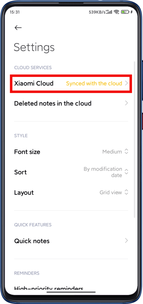 MIUI Notes App Xiaomi Cloud Settings