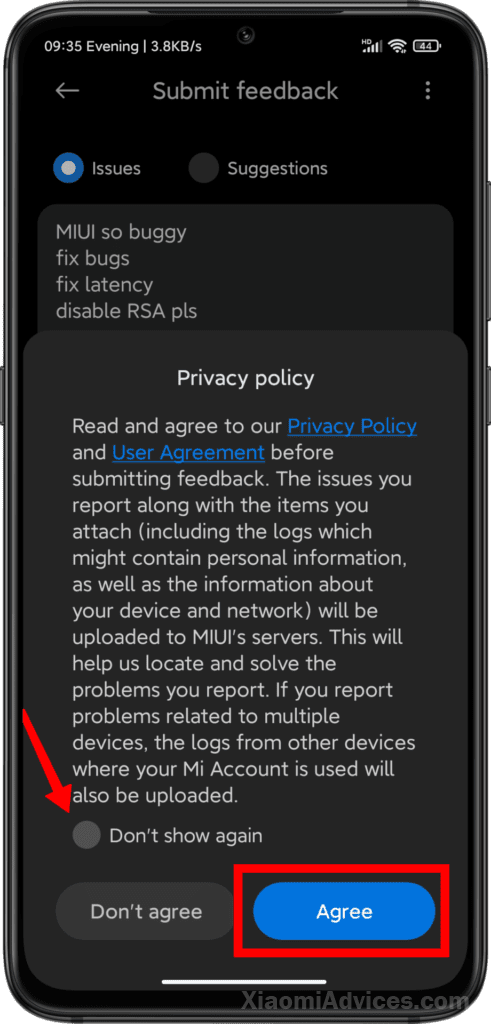 MIUI Services and FeedBack Agree Button