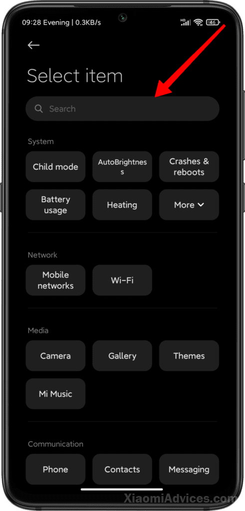 MIUI Services and FeedBack Select Item Type